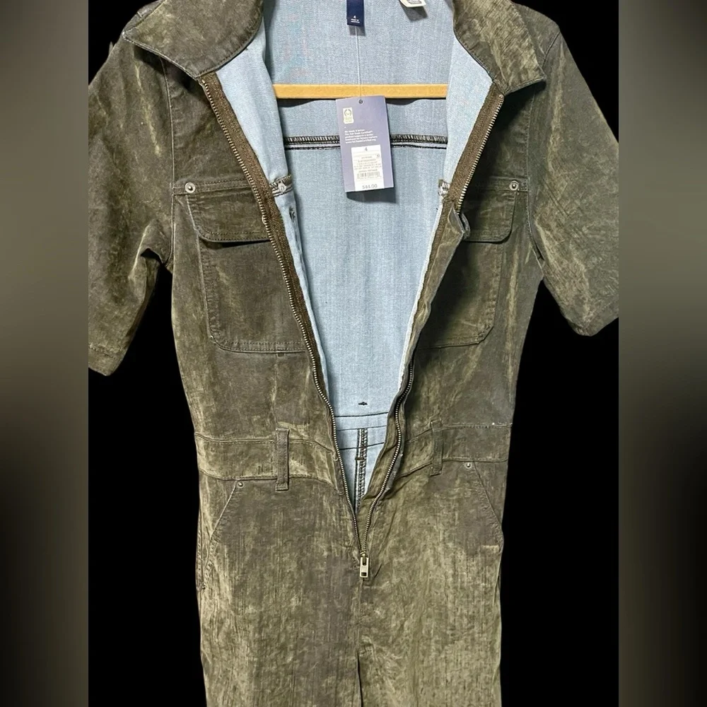 New Women’s Olive Short-Sleeve Flocked Wide-Leg Denim Jumpsuit Painter Style - Picture 6 of 11